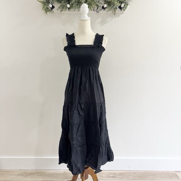 New Quince 100% Organic Linen Gauze Smocked Dress Black Small CC4609 - Picture 2 of 5